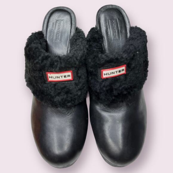 Hunter Black Fleece Shearling Leather Mules - Picture 2 of 8